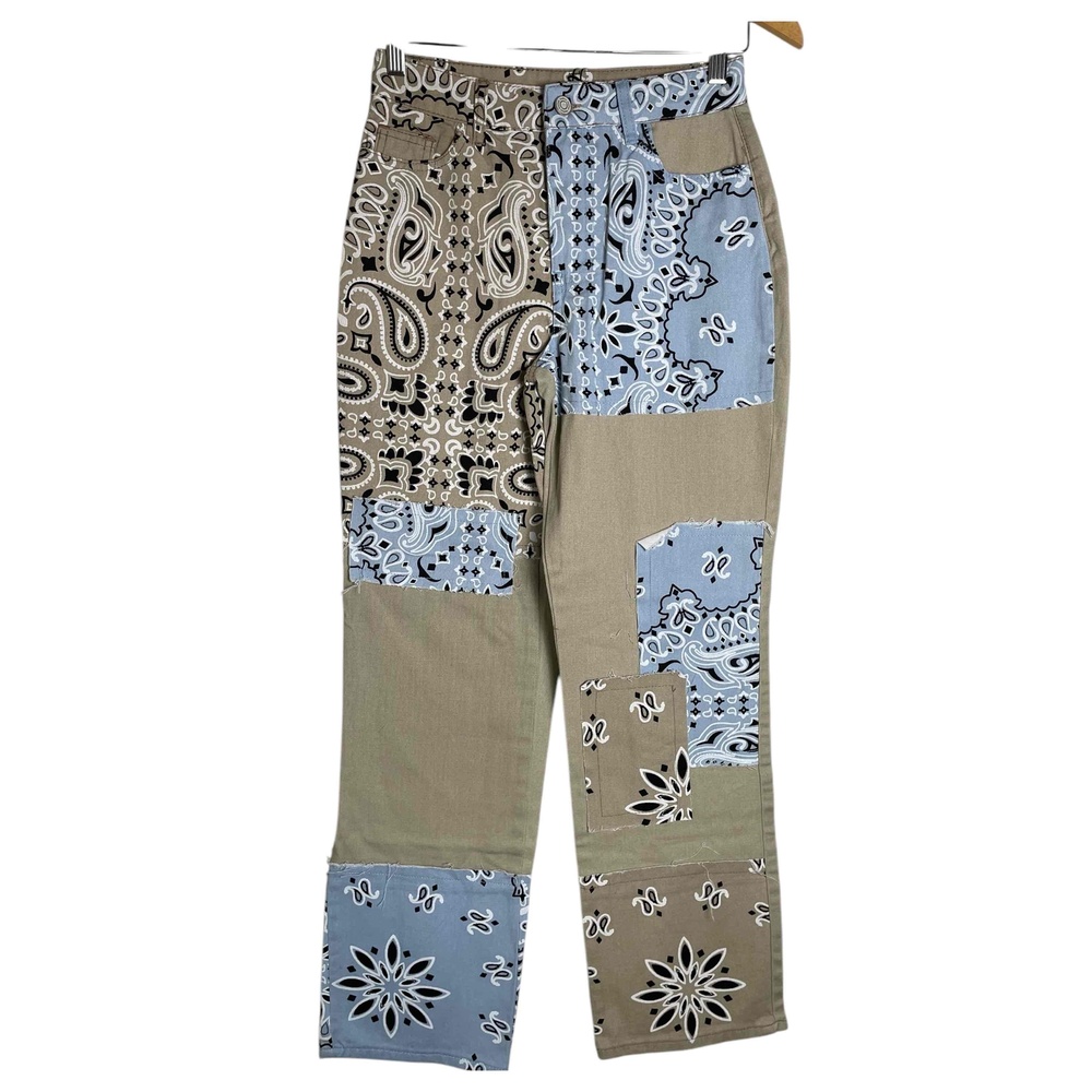 New Boohoo Women's Patchwork Boho‎ Bandana Khaki Denim Pants - Picture 3 of 9